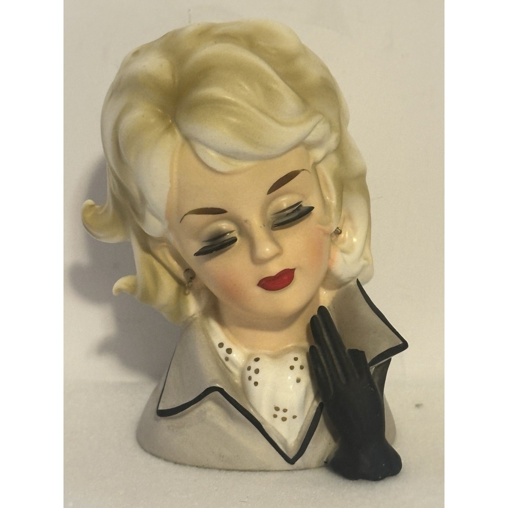 Vintage Lady Head Vase Japan Kelvin,s P-628 Blonde Hair Gray Suit Black Glove